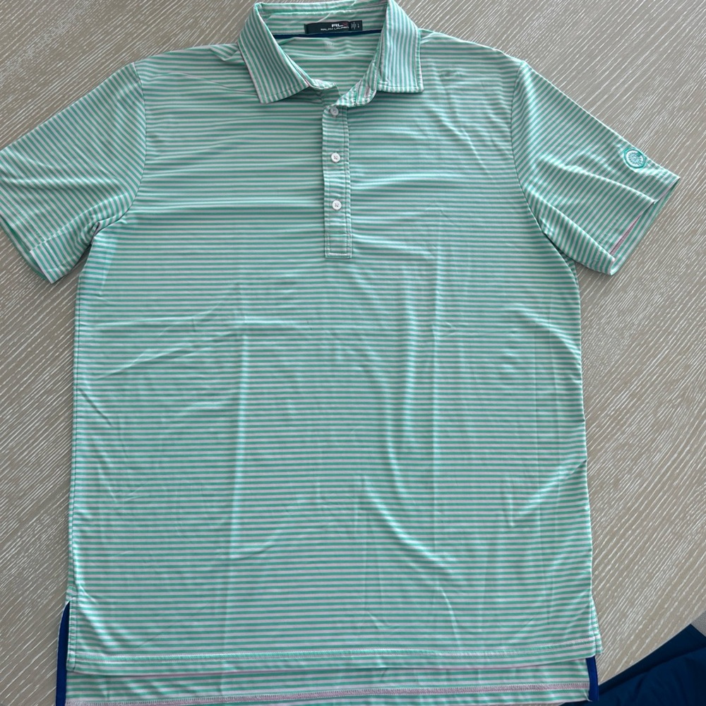 RLX Ralph Lauren Polo Golf Shirt Men’s Large Green Pink Stripe Performance top